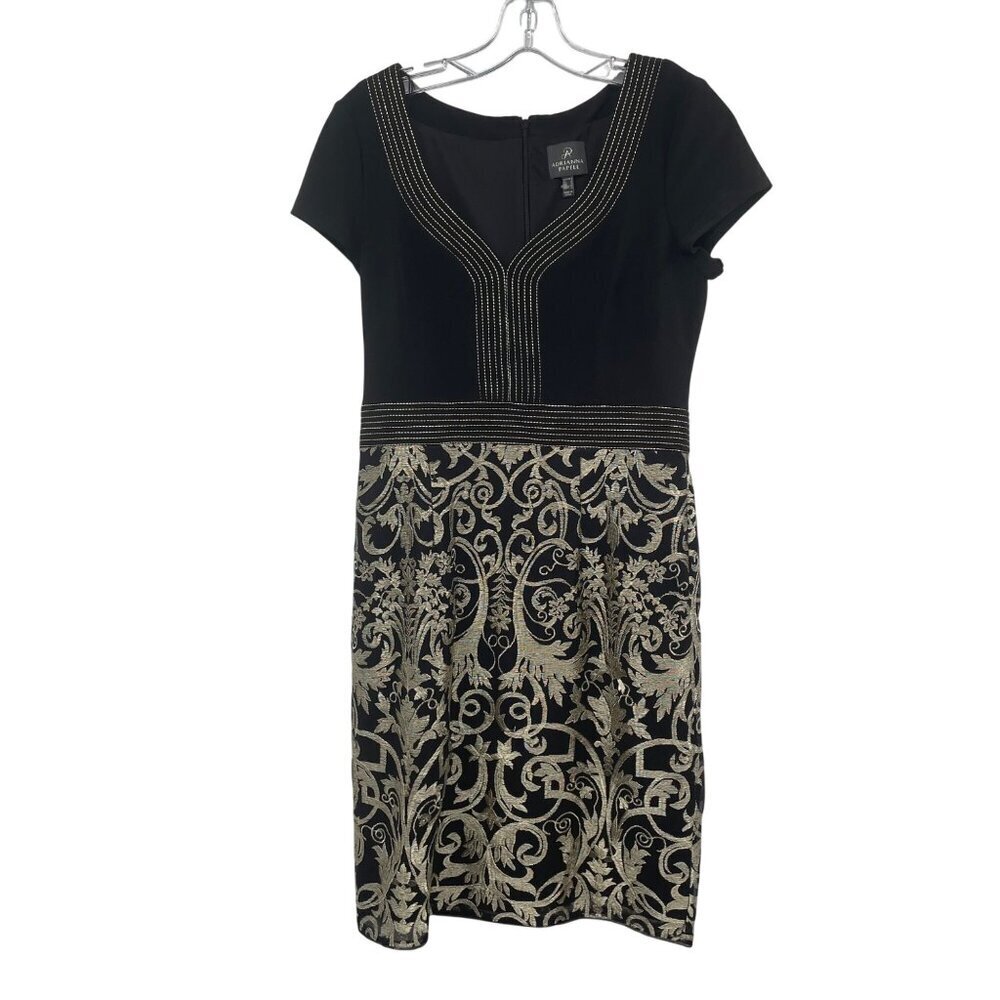 Adrianna Pappell Black/Gold Sheath Dress Embroidered Short Sleeve Size 6